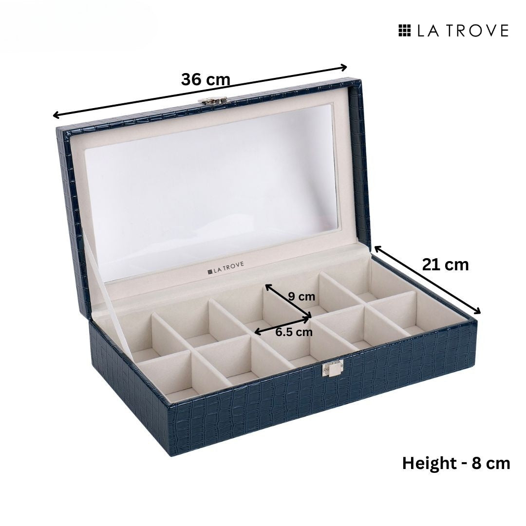 10 Slot Tie Pocket Square Box With Glass Top