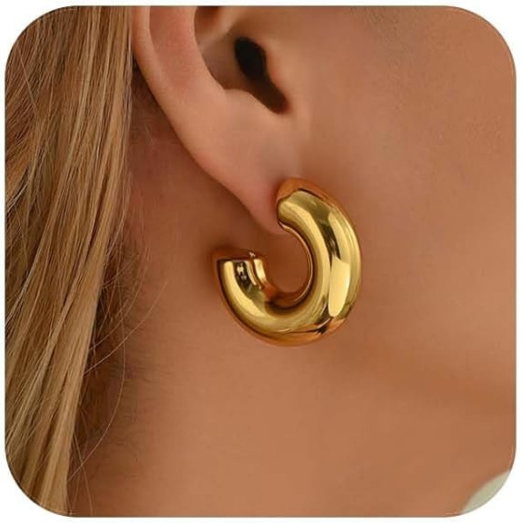 Elegant LaTrove gold hoop earrings styled with minimal outfit.