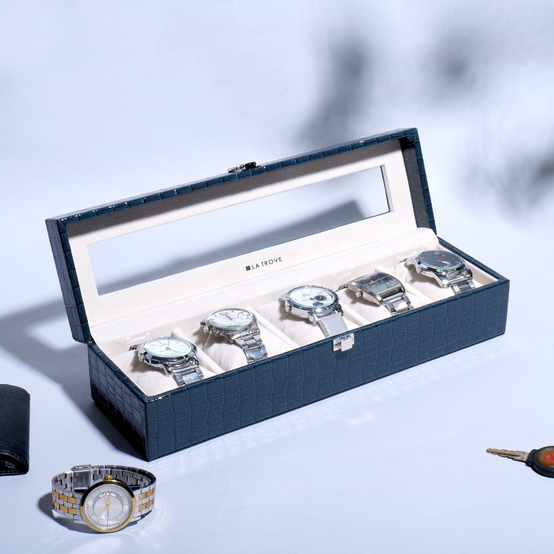 5 Slot Blue Leather Watch Organizer Box with Glass Top by La Trove.