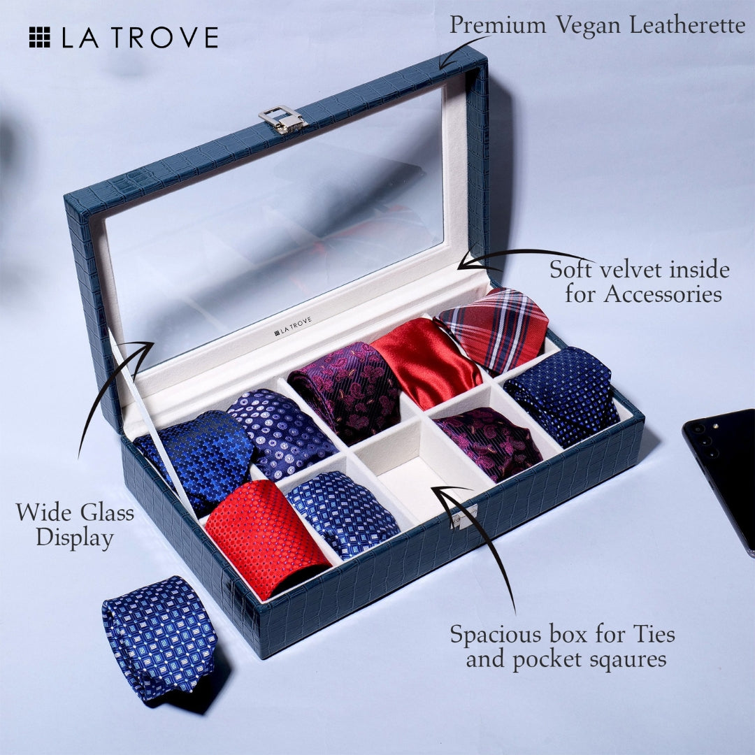 10 Slot Tie Pocket Square Box With Glass Top