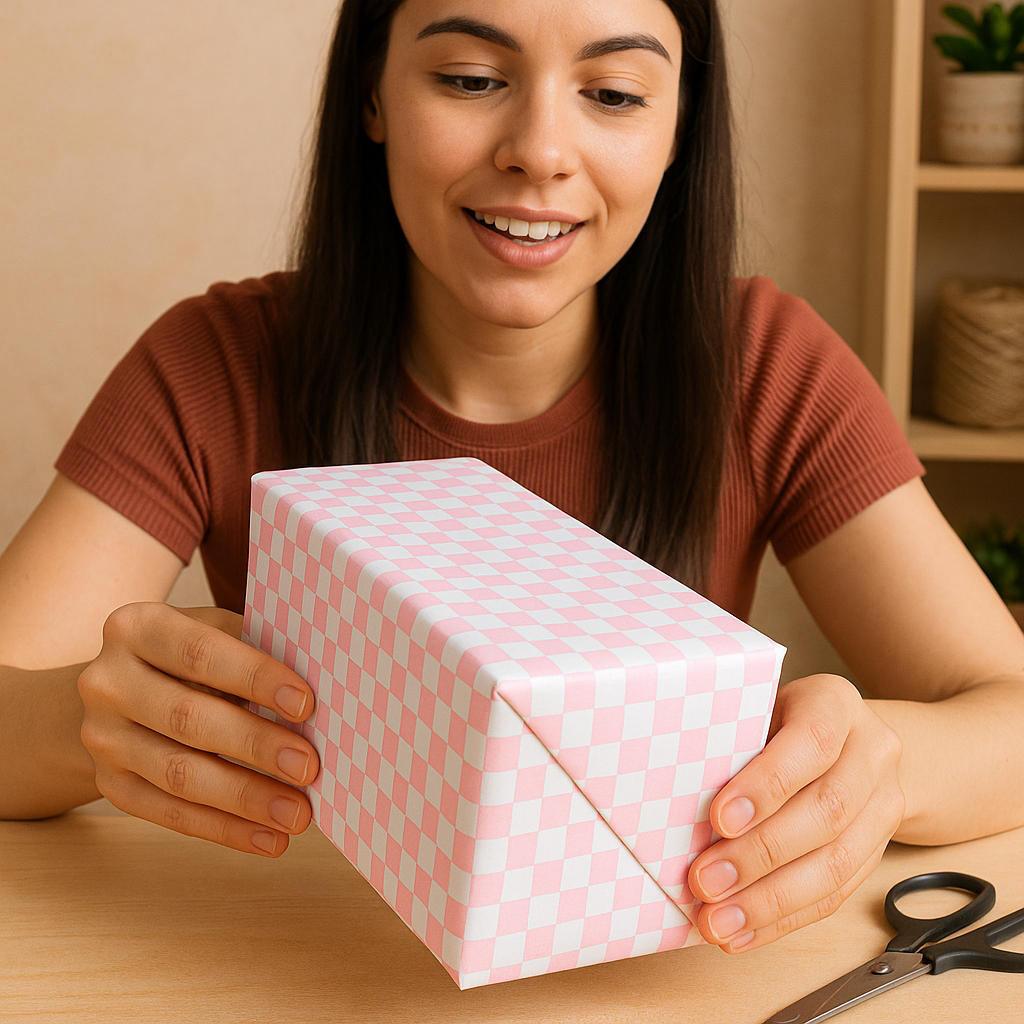 Pink check gift wrap pack La Trove.