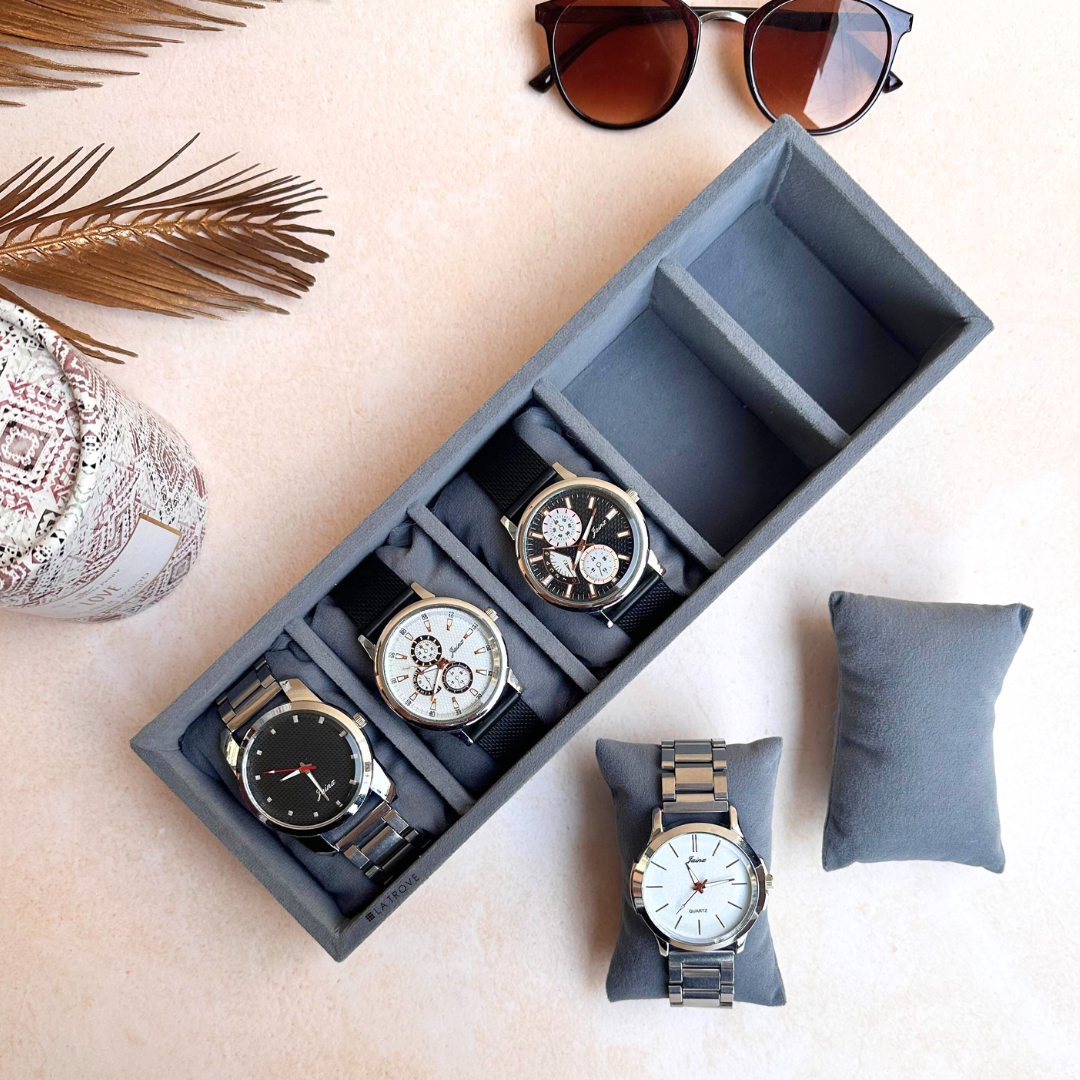 5-slot grey velvet watch tray with leatherette finish