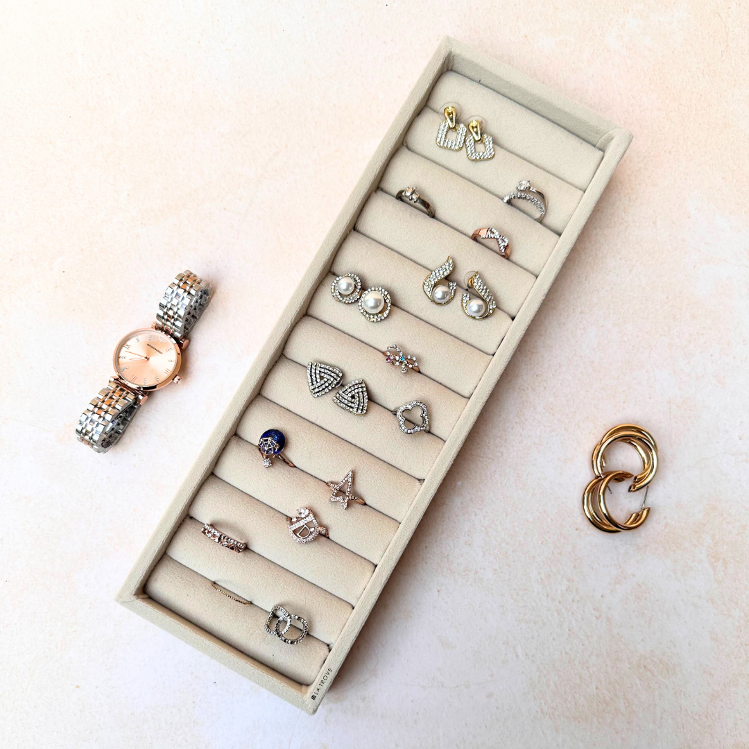 Cream velvet ring tray organiser with multiple cushioned slots