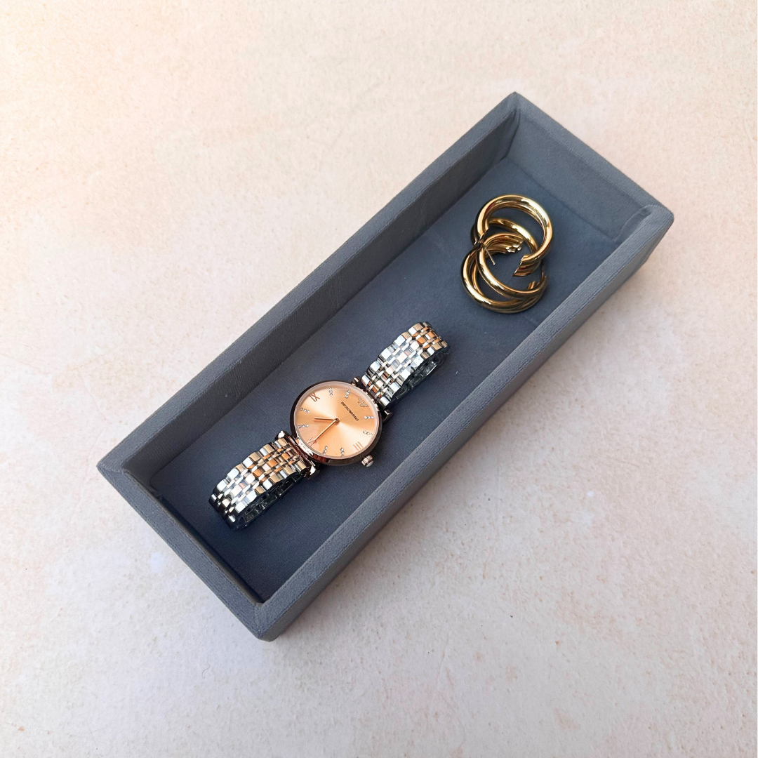 Grey velvet plain jewellery organiser tray ideal for tight drawers.