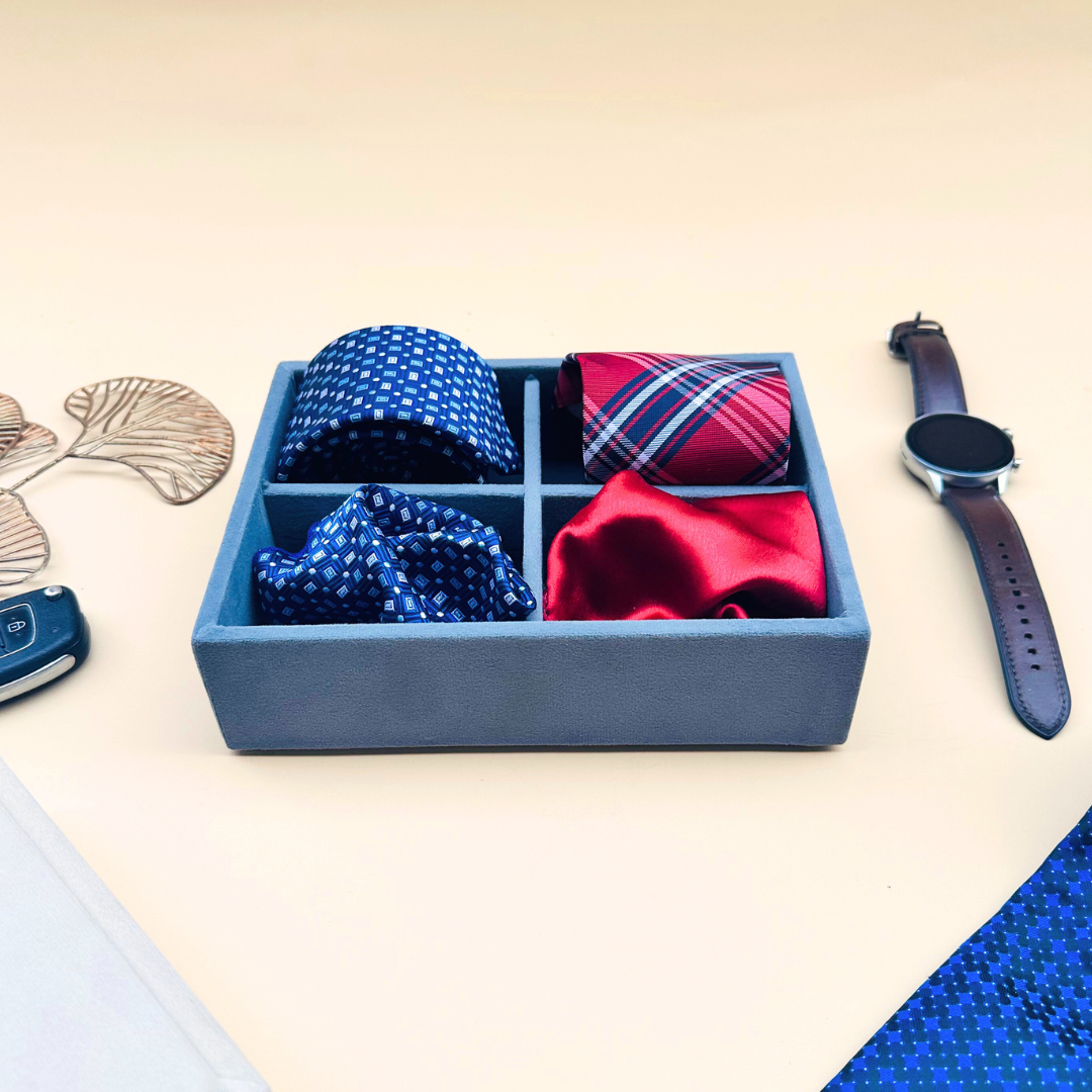 4-slot grey velvet tie tray with leatherette finish