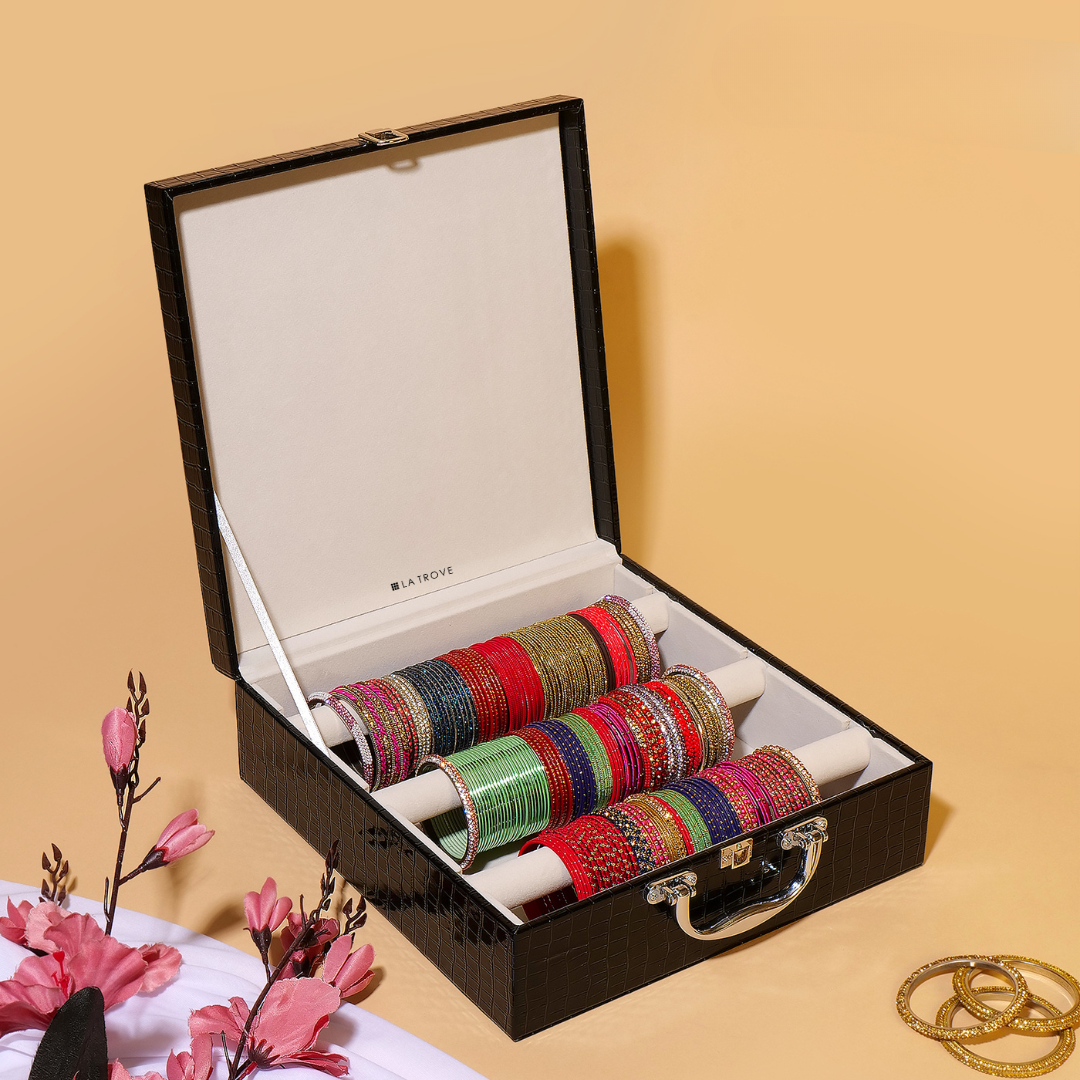 Maroon Velvet Bangle Organizer – 3 Rod Box for Women’s Jewellery.