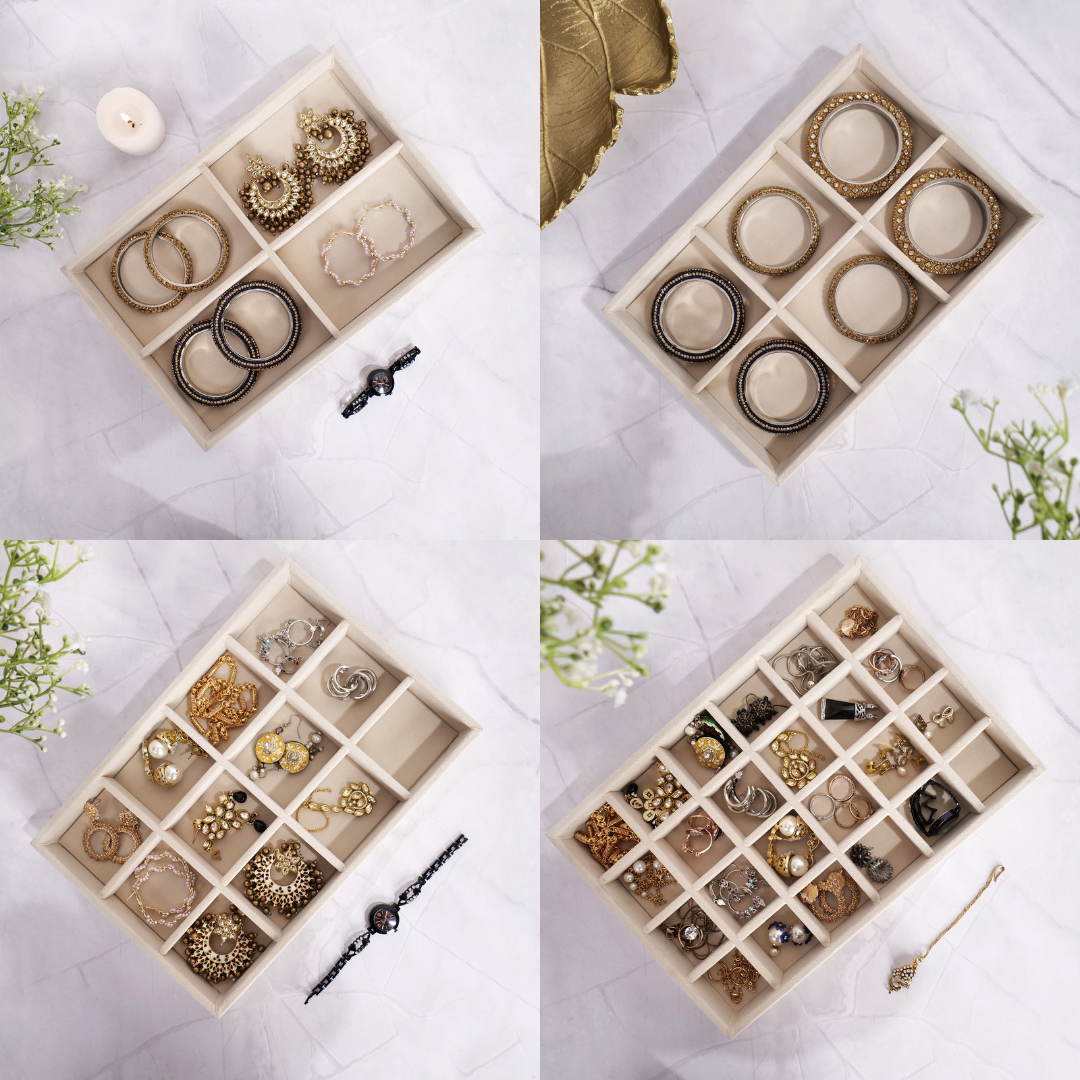 Cream stackable jewellery trays with 4, 6, 12, and 24 compartments for rings and earrings.