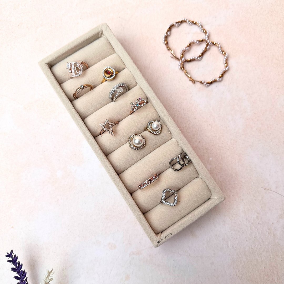 Cream velvet ring and cufflink organiser tray with soft rows and removable dividers.