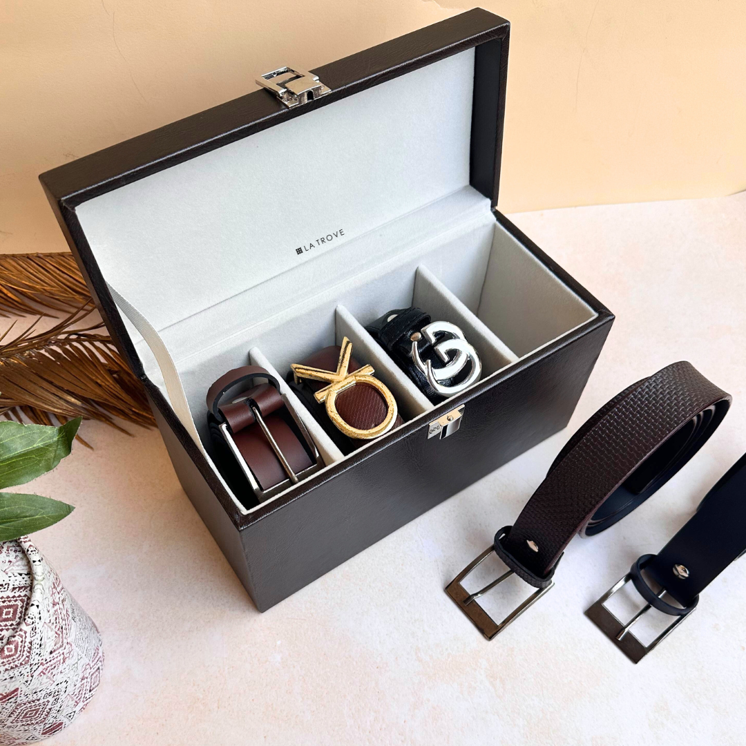 Brown 4 Slot Belt Box – Rich Leather-Style Belt Storage.