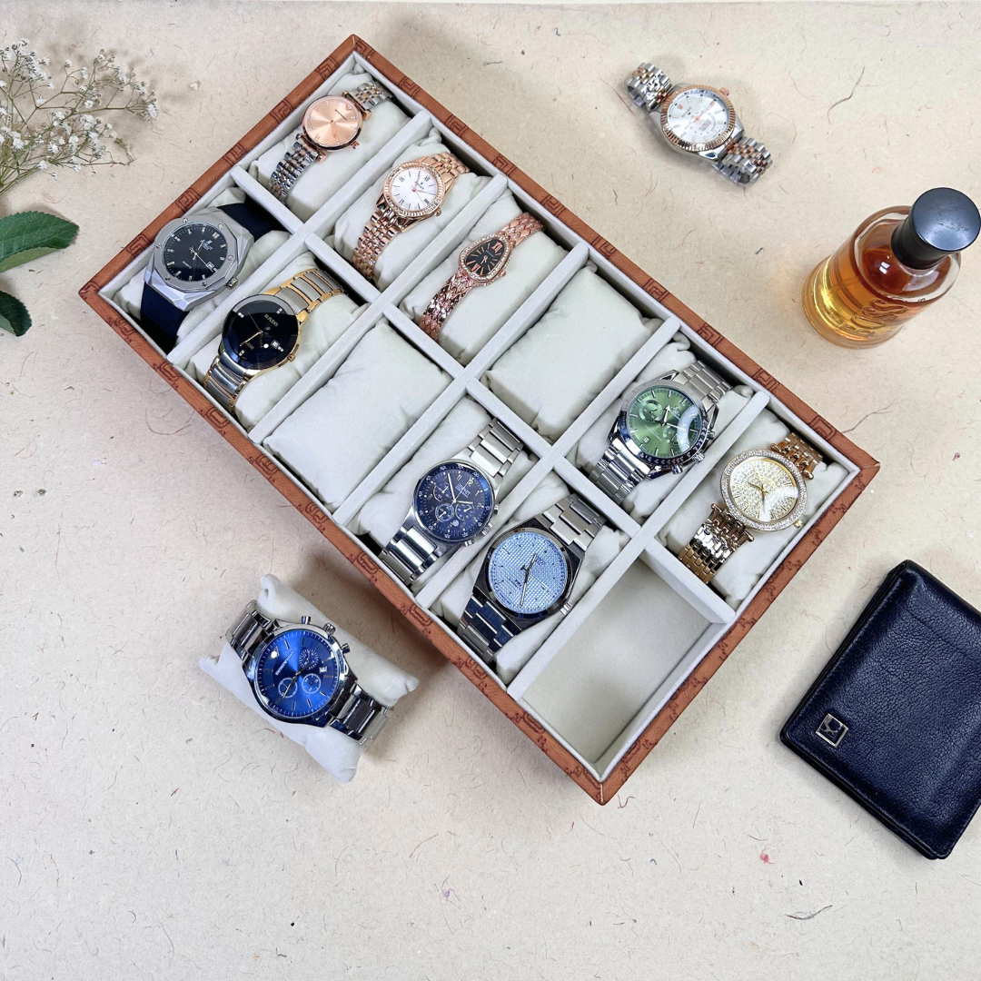 Designer 12-slot leatherette watch tray for luxury watch storage