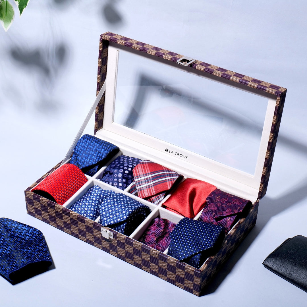 10 Slot Tie Pocket Square Box With Glass Top