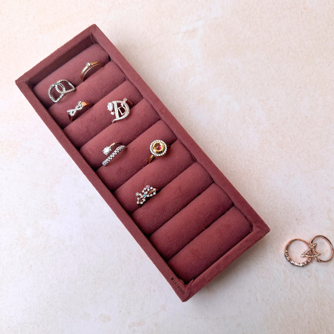 Dark pink velvet jewellery tray for rings and cufflinks, ideal for drawers or travel.