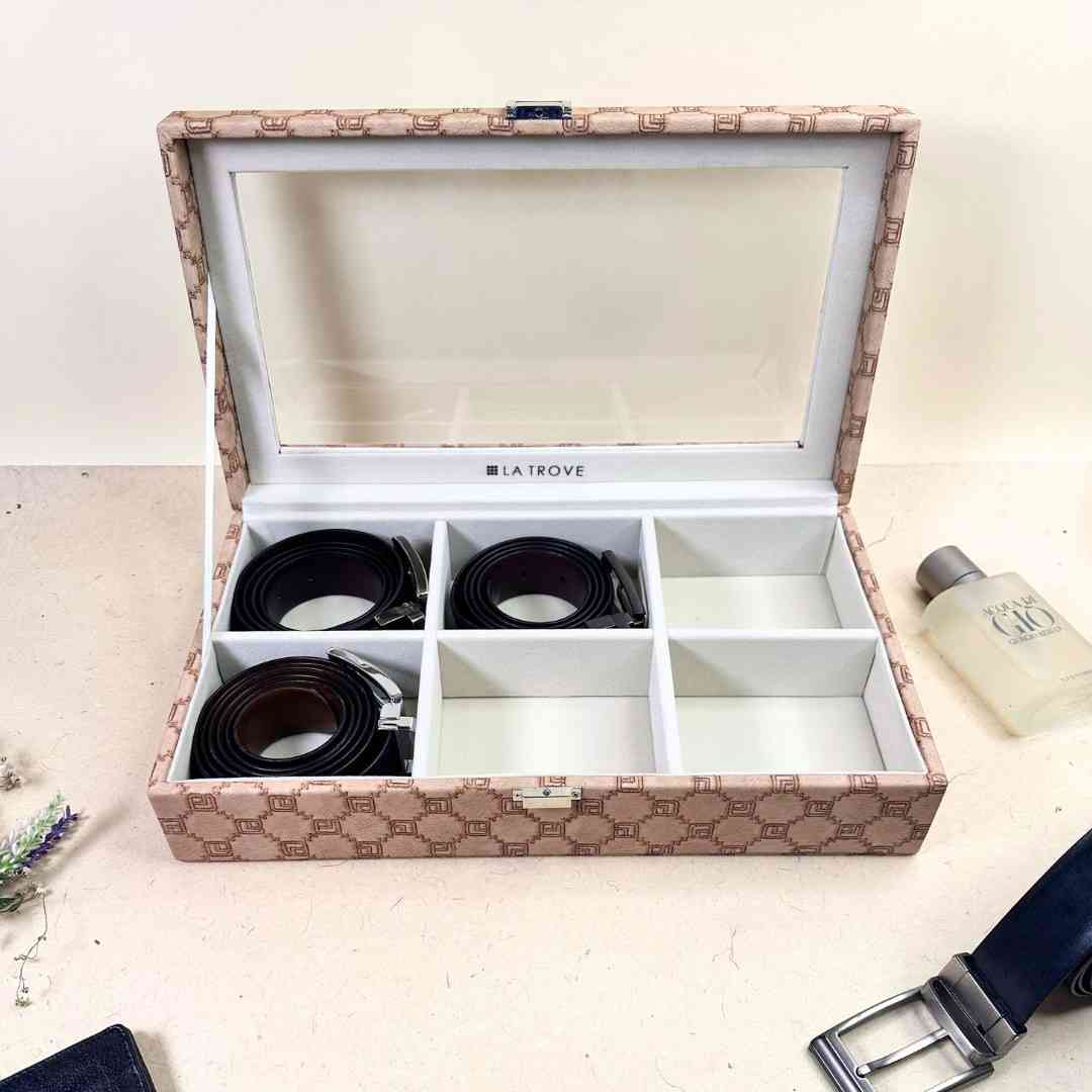 Designer 6 Slot Belt Box With Glass Lid