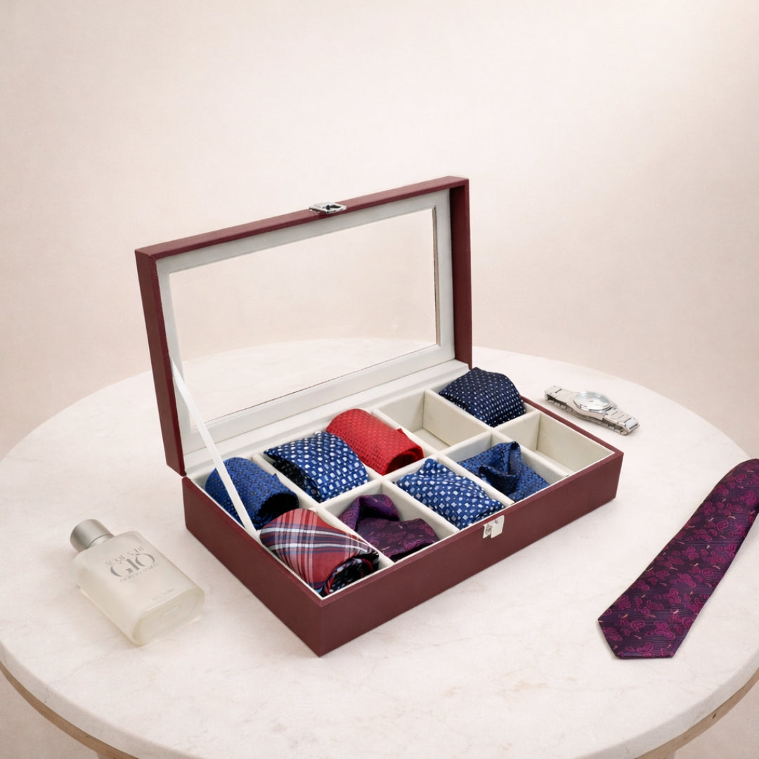 TBT 10 Slot Tie & Pocket Square Box With Glass Top