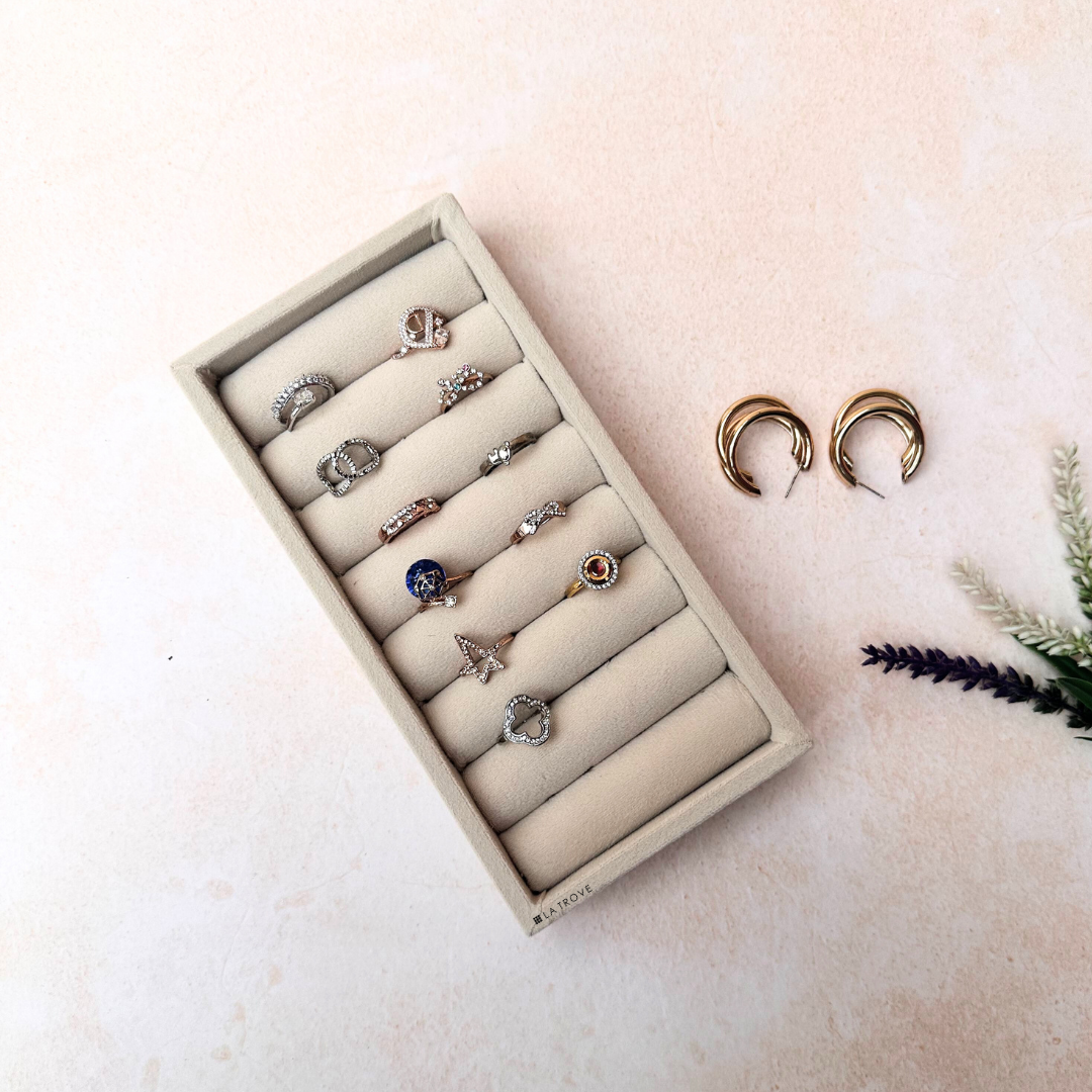 Cream velvet ring organiser tray with soft anti-scratch slots for secure storage
