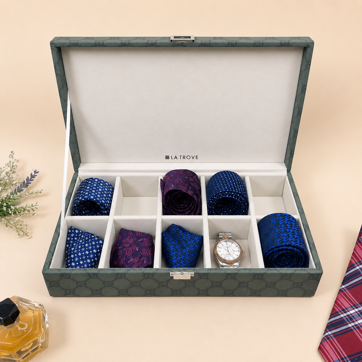 Designer 10 Slot Tie & Pocket Square Box