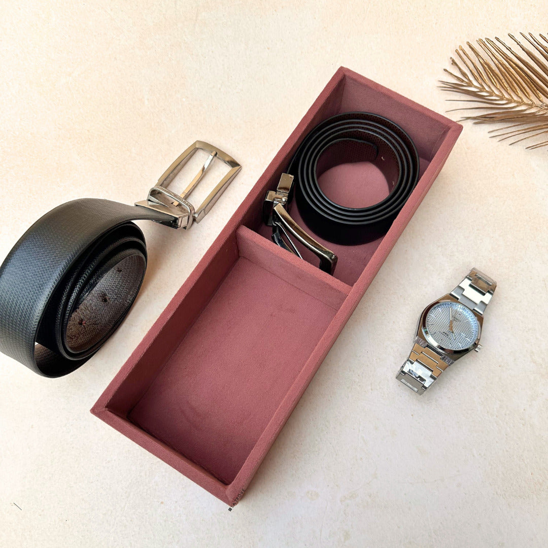 Dark pink 2-slot belt storage tray with velvet compartments