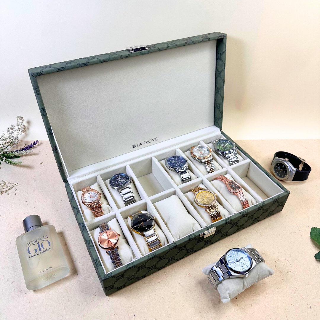 12 Slot Olive Green Leatherette Watch Box by La Trove.