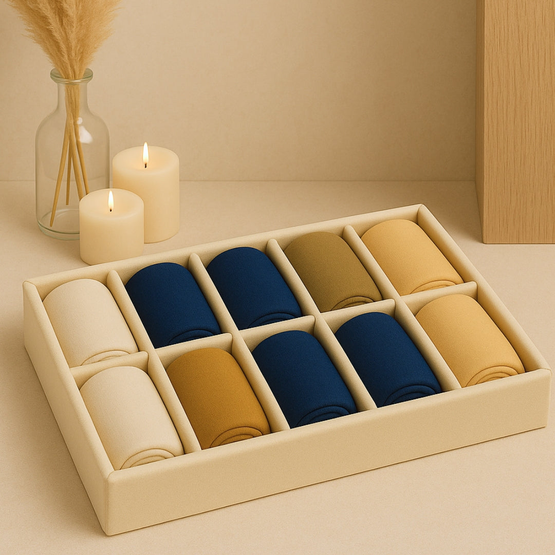 LATROVE 10 Slot Socks Organiser Tray in Cream – elegant soft velvet storage tray for neatly organizing socks, ties, and wardrobe essentials.