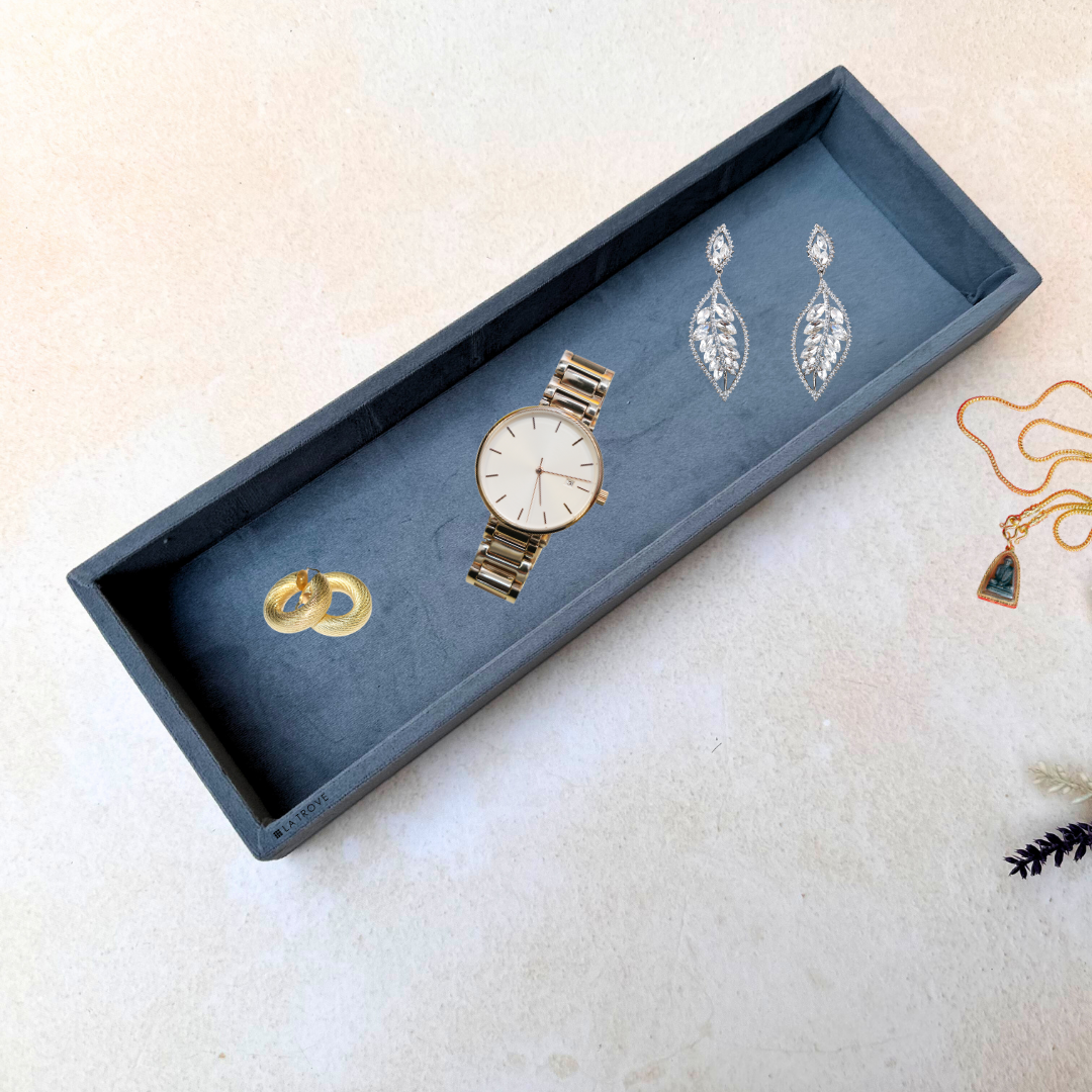 Grey velvet plain jewellery tray organiser with minimal flat design