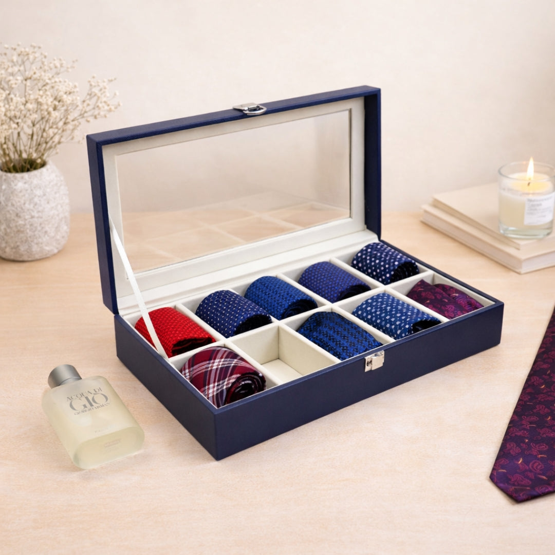 TBT 10 Slot Tie & Pocket Square Box With Glass Top