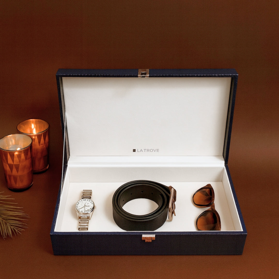 Multi-purpose storage box for watches, belts, jewellery and sunglasses.