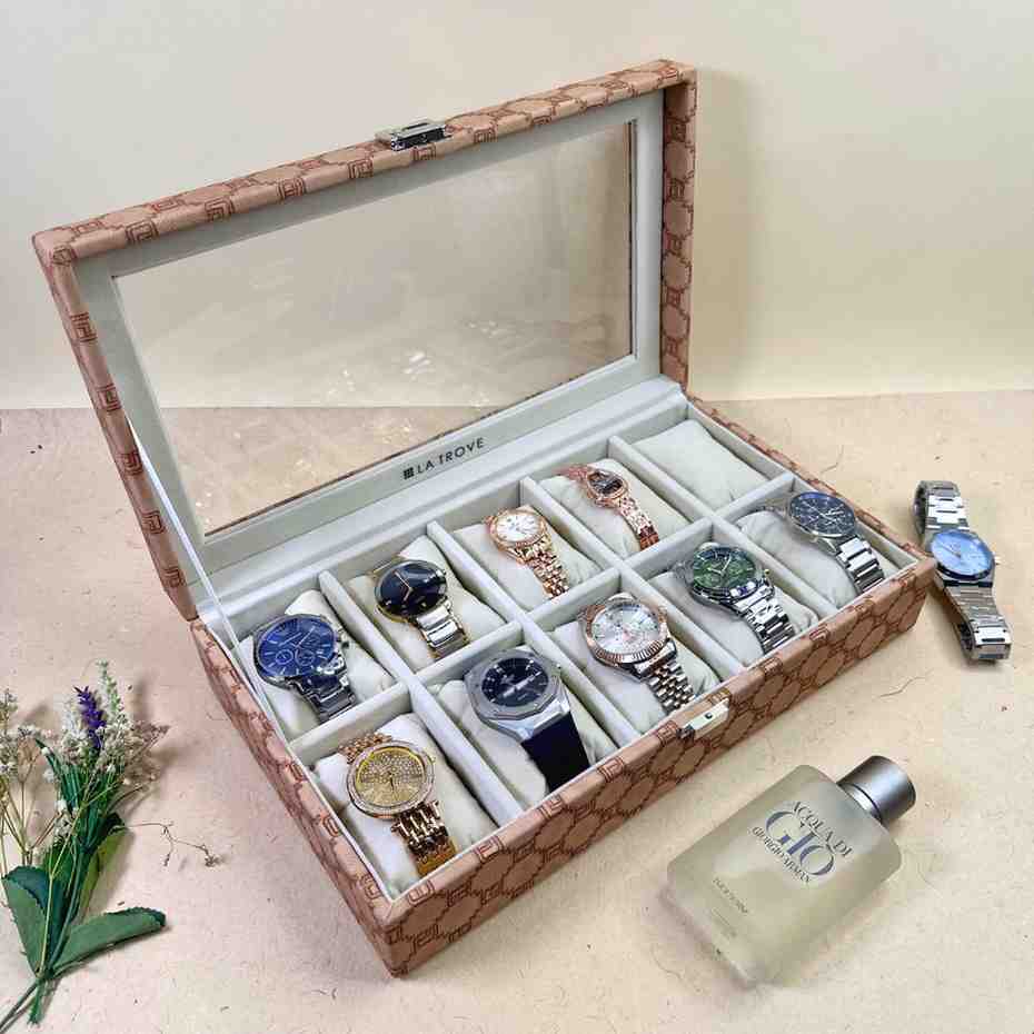Designer 10 Slot Watch Box With Glass Top