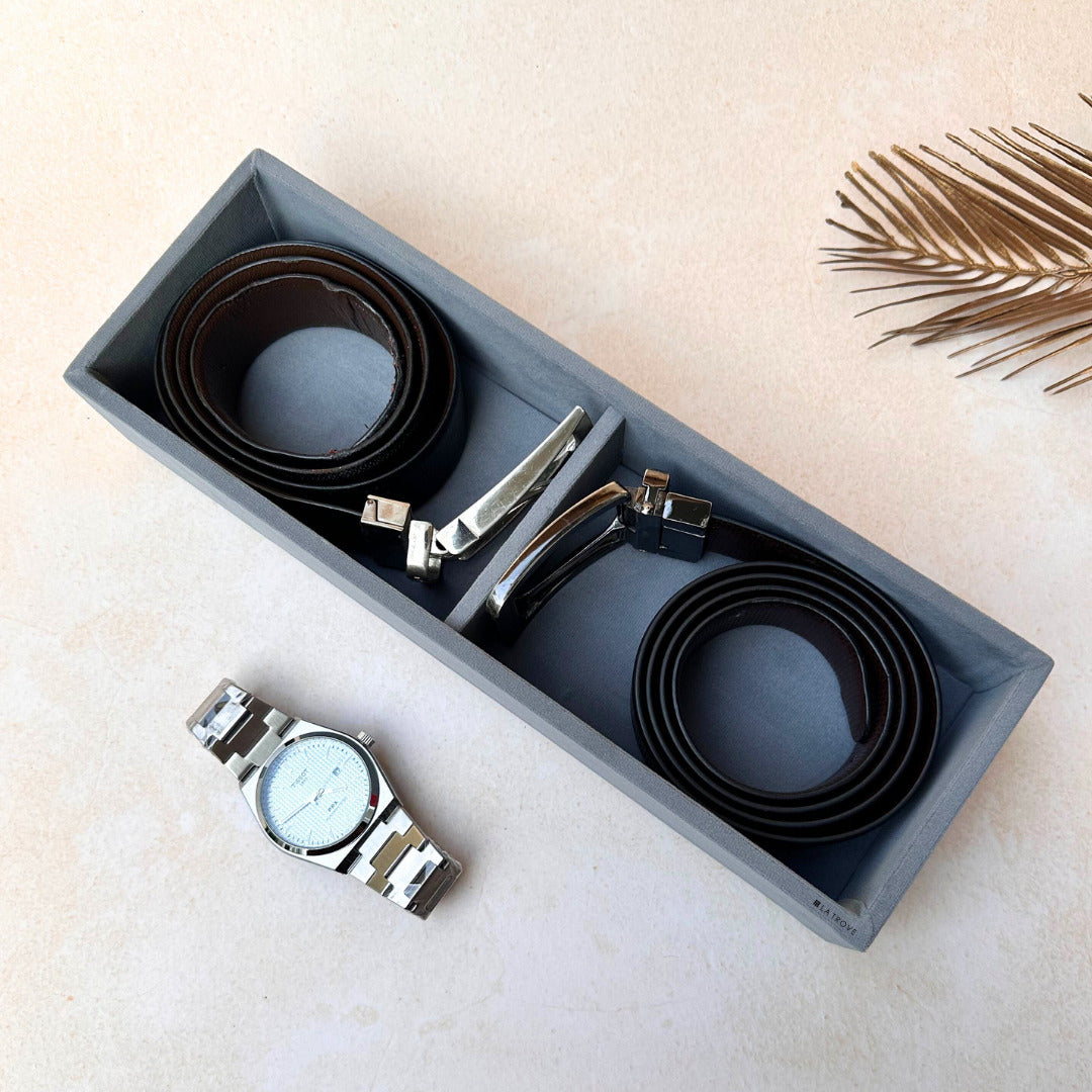 Grey 2-slot belt organizer tray with soft velvet lining