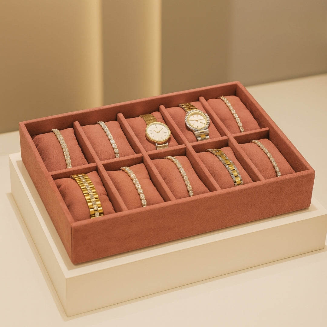 stackable velvet jewellery tray for bracelets.