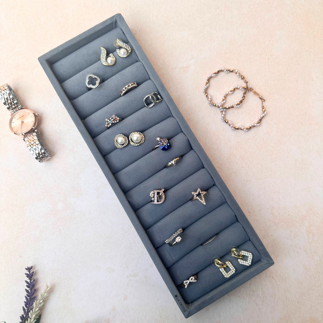 Grey ring tray organiser with structured velvet lining for rings