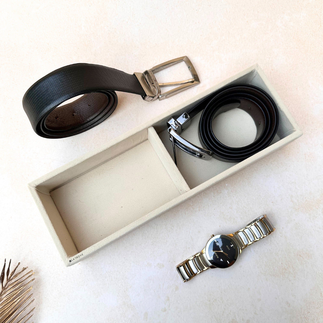 Cream velvet 2-slot tray for storing belts with leatherette outer frame