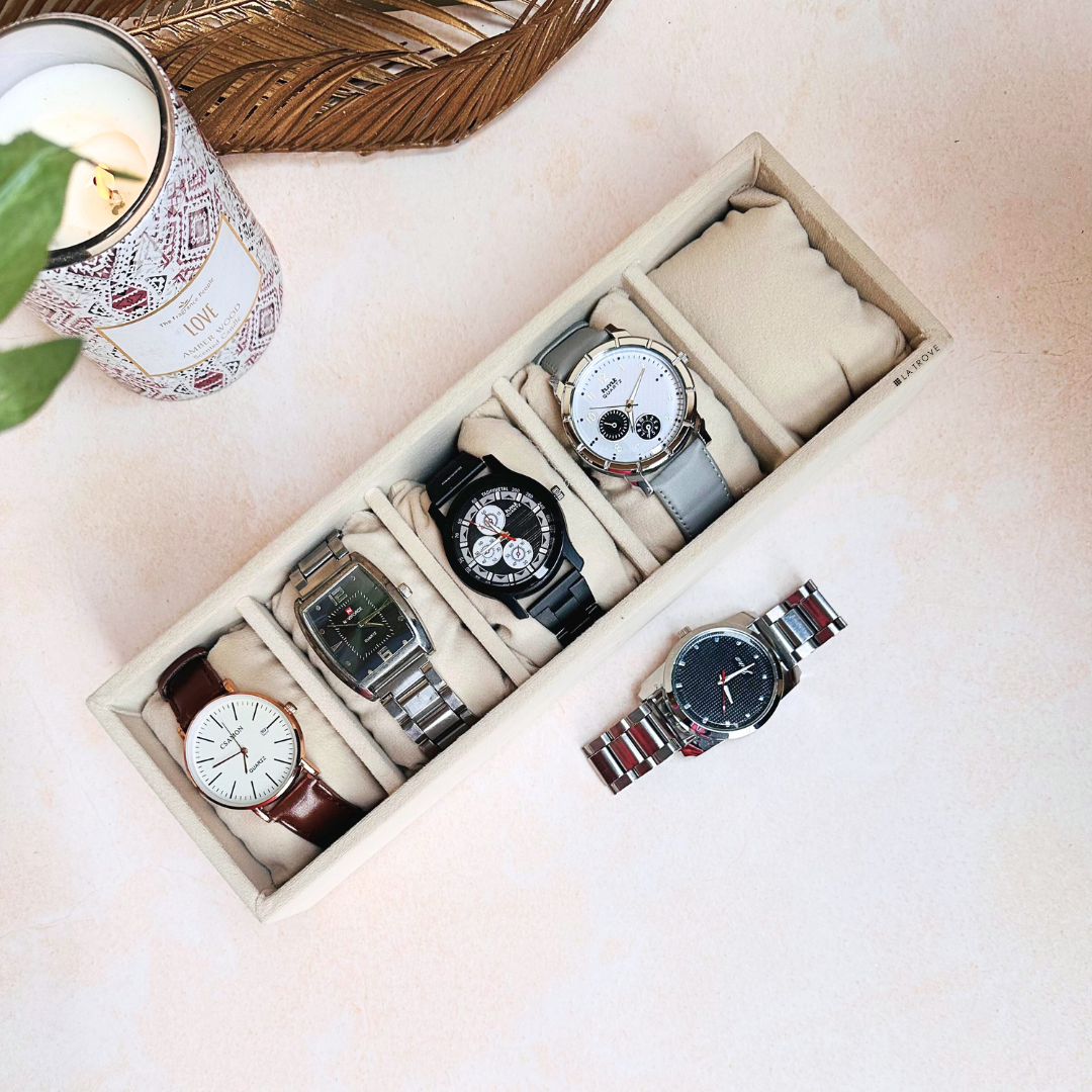 Cream 5-slot velvet watch tray with leatherette finish