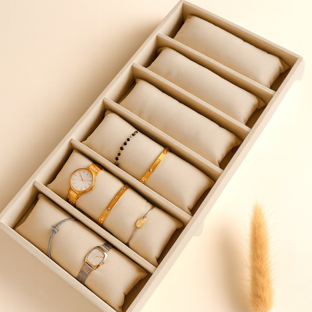 La Trove 6-Grid Cream Tray With Cream Pillows – Velvet Accessory Organizer.
