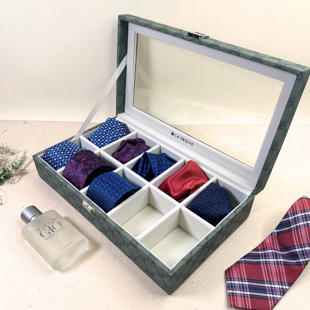 10 Slot Olive Green Leatherette Tie & Pocket Square Box with Glass Top by La Trove.