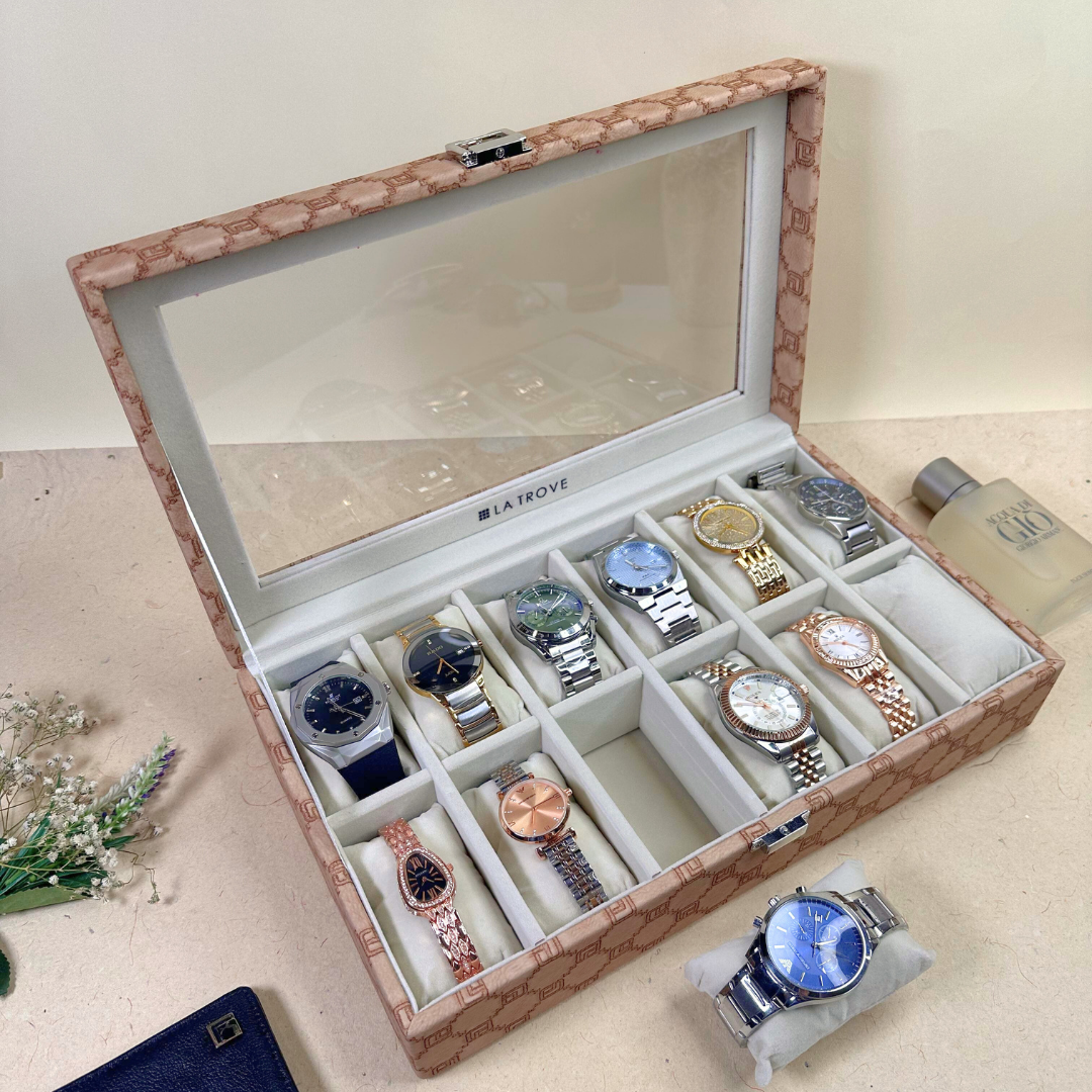 Designer 12-Slot Watch Box with Glass Top