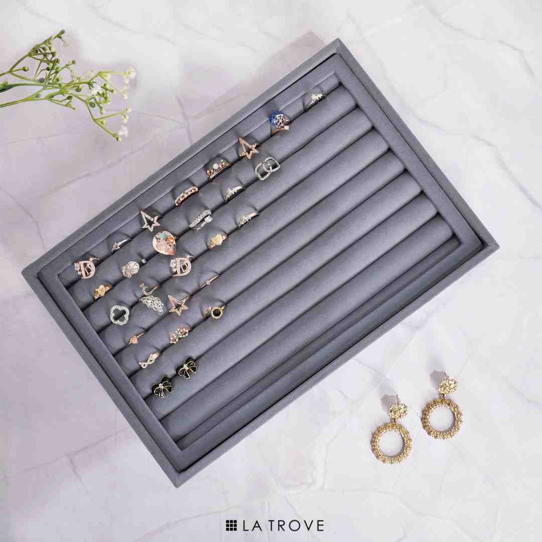 Grey velvet ring and cufflink organiser tray for premium jewellery storage and display by La Trove