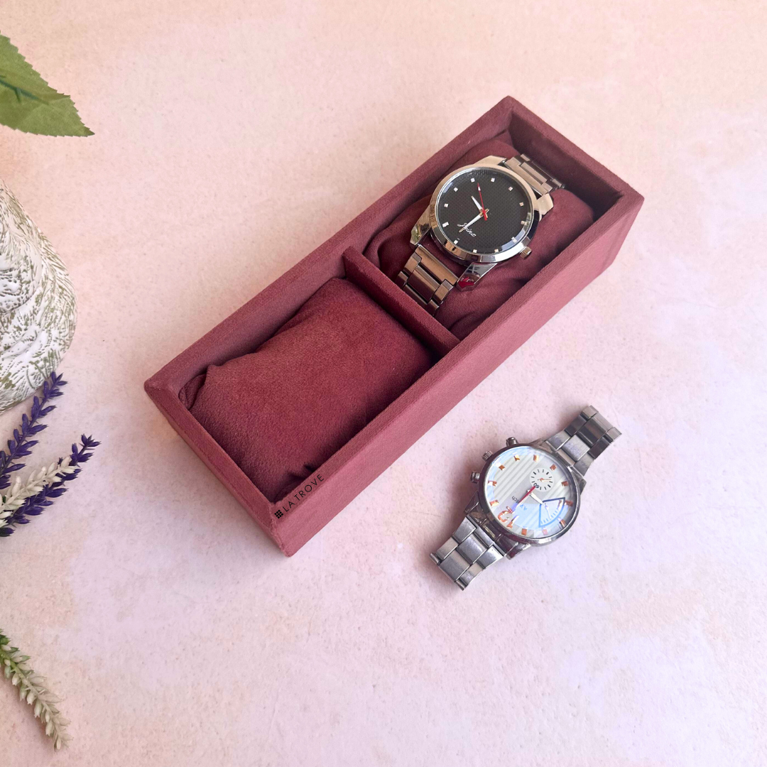 Dark pink 2-slot velvet watch tray with elegant finish