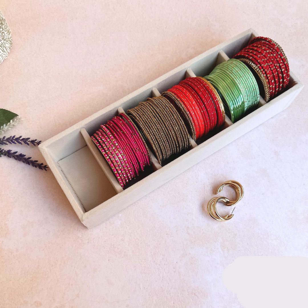 Cream velvet 6 slot bangle tray organiser for storing kadas and bracelets.