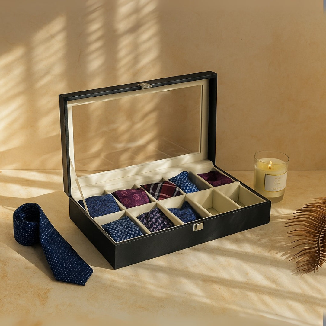 TBT 10 Slot Tie & Pocket Square Box With Glass Top