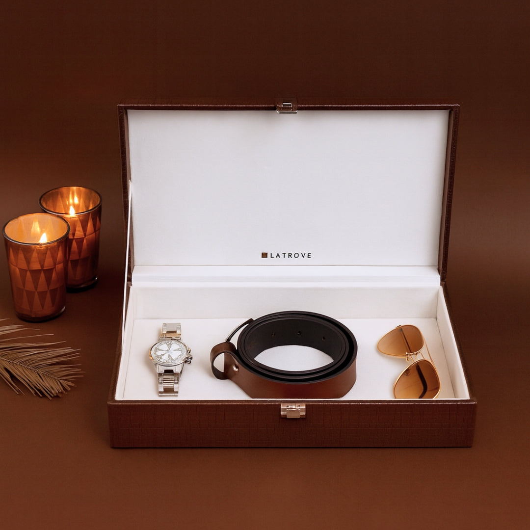 Elegant unisex accessory organiser box with secure metal lock.