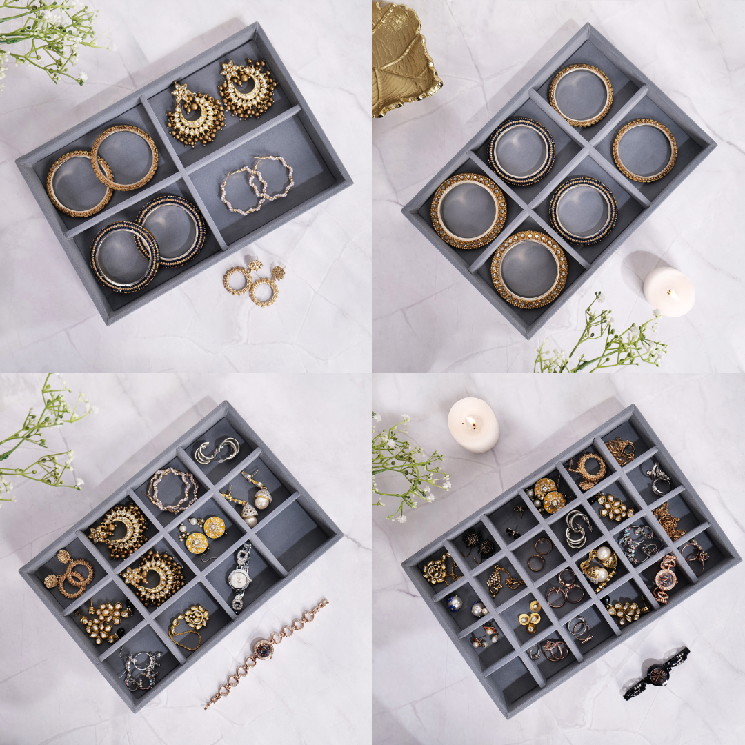 Grey velvet jewellery organizer trays in 4, 6, 12, and 24-grid styles.