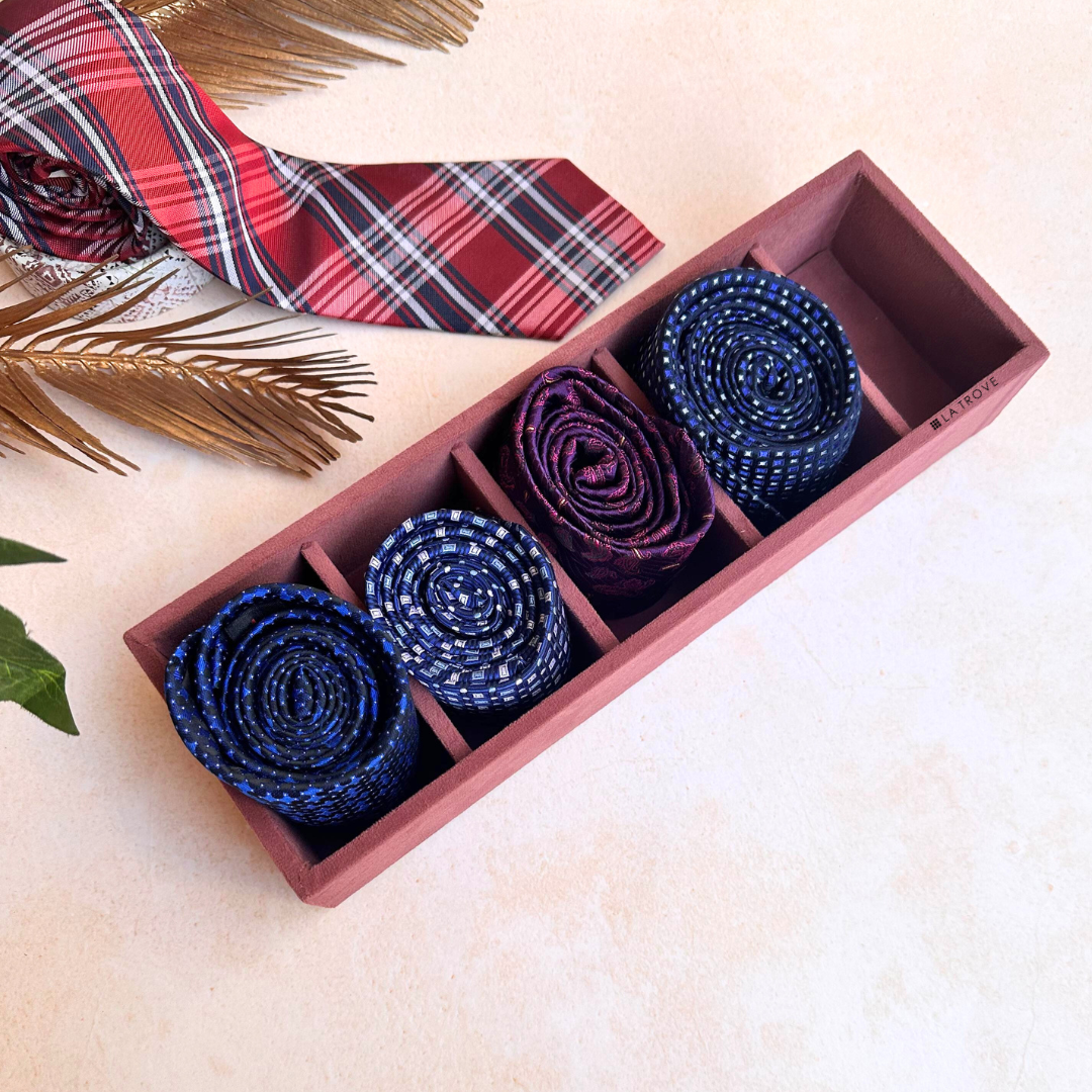 Top view of velvet tie and pocket square tray with 5 slots.
