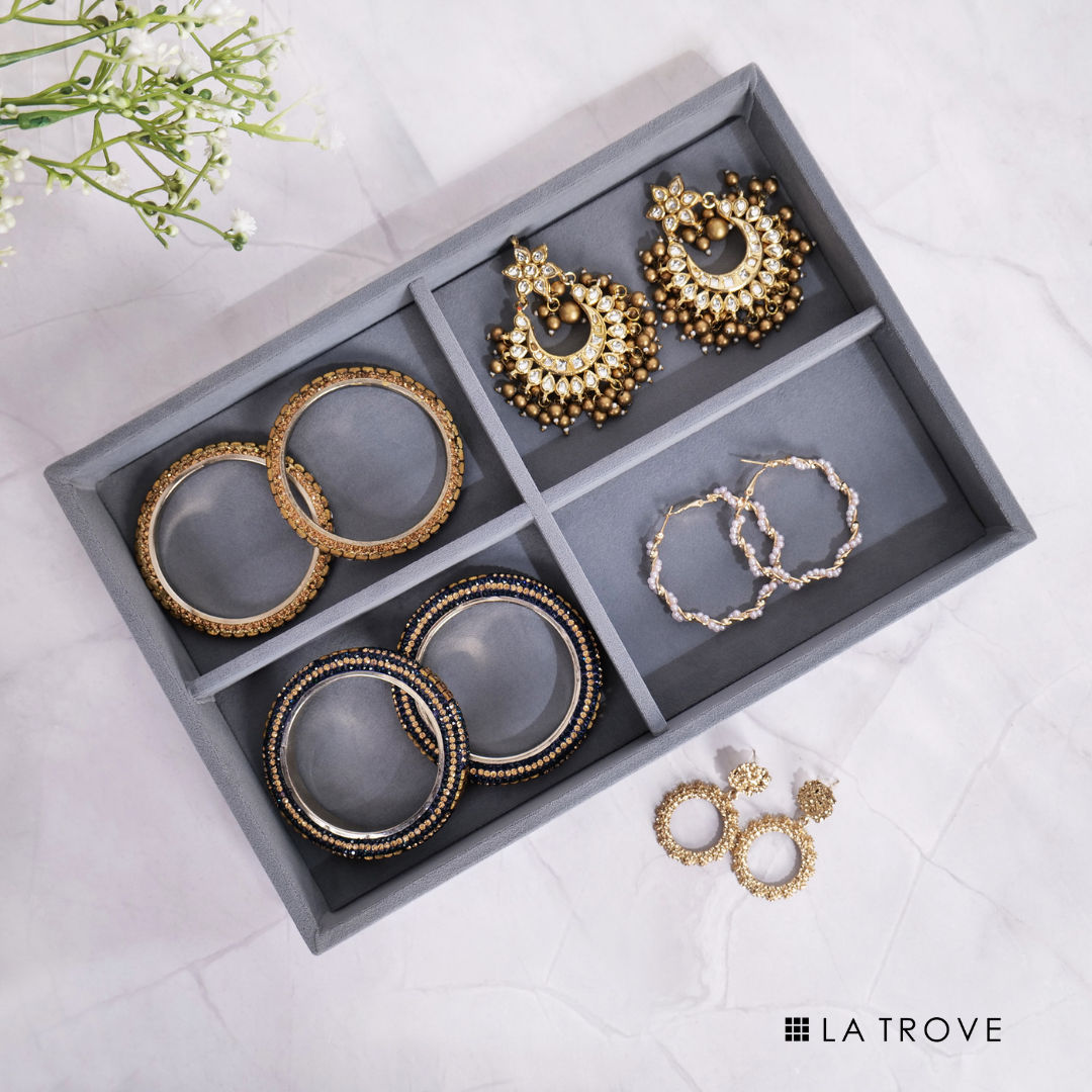 Grey 4-section jewellery organizer tray with soft velvet finish.