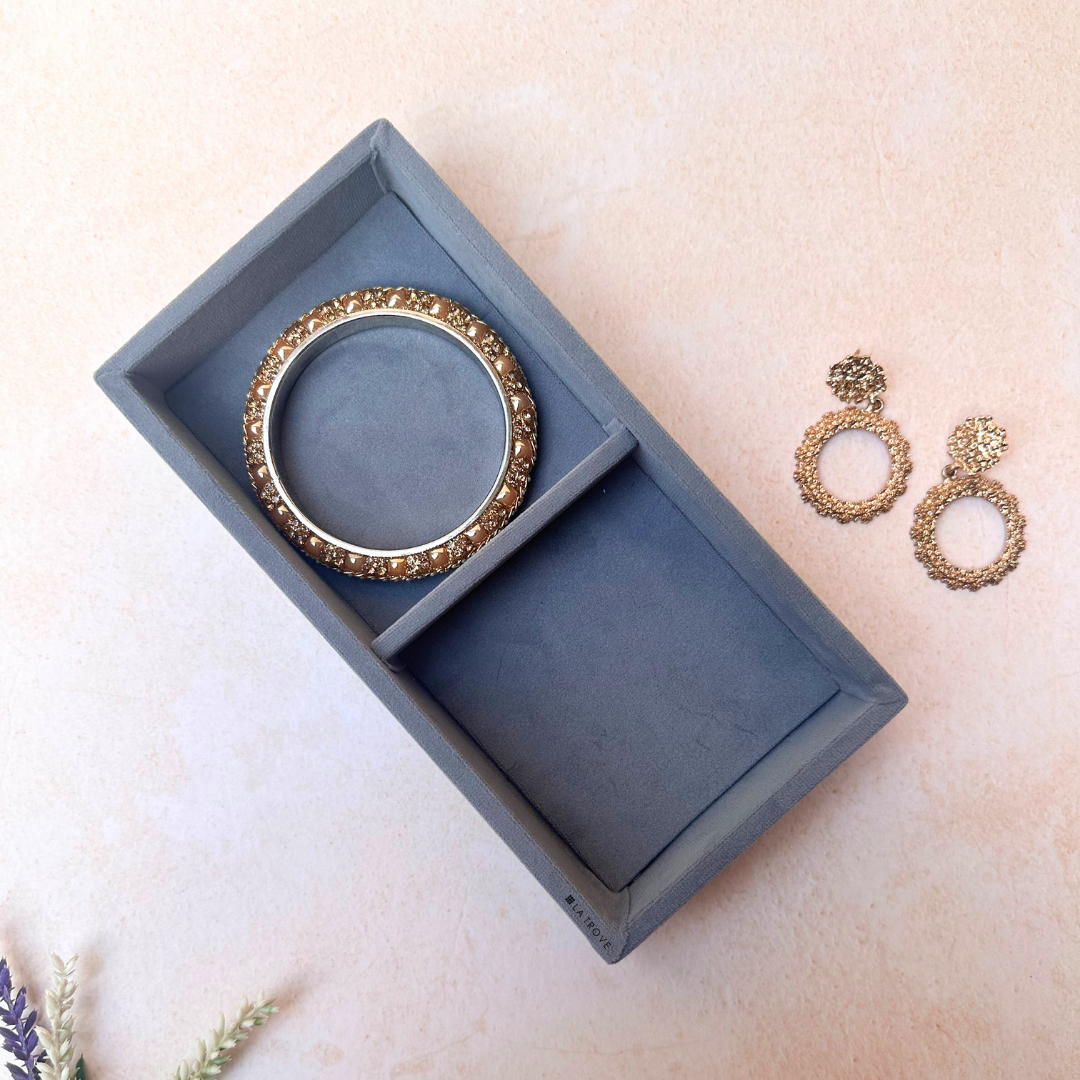 Grey velvet 2-grid jewelry organizer tray for rings, earrings, and pendants.