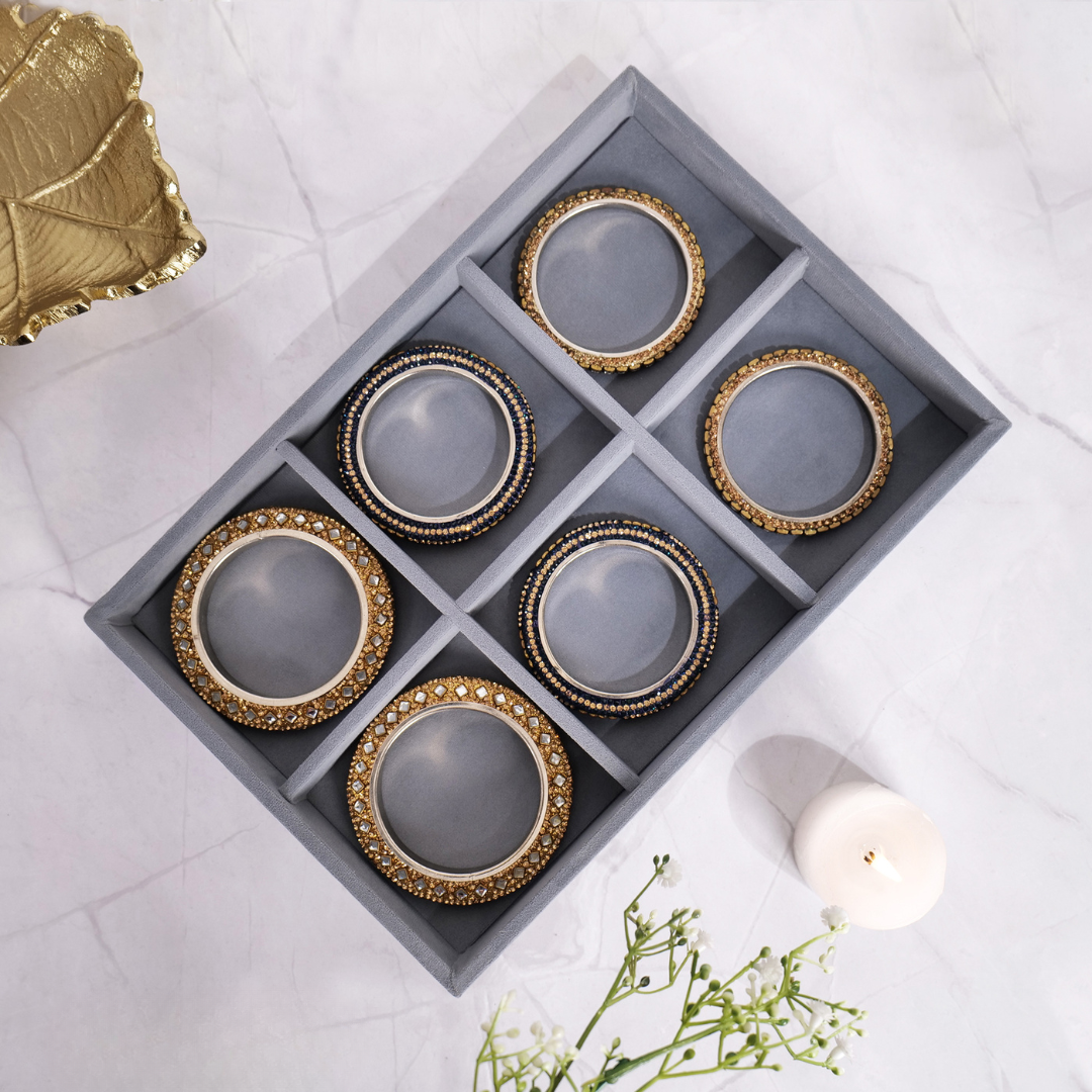 Grey bangle organizer tray with 6 compartments and soft velvet lining.