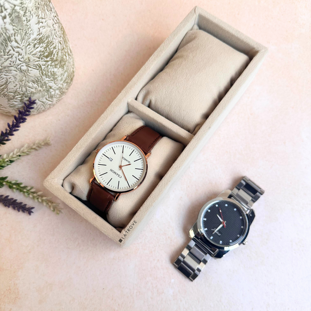 Cream 2-slot velvet watch tray with leatherette finish