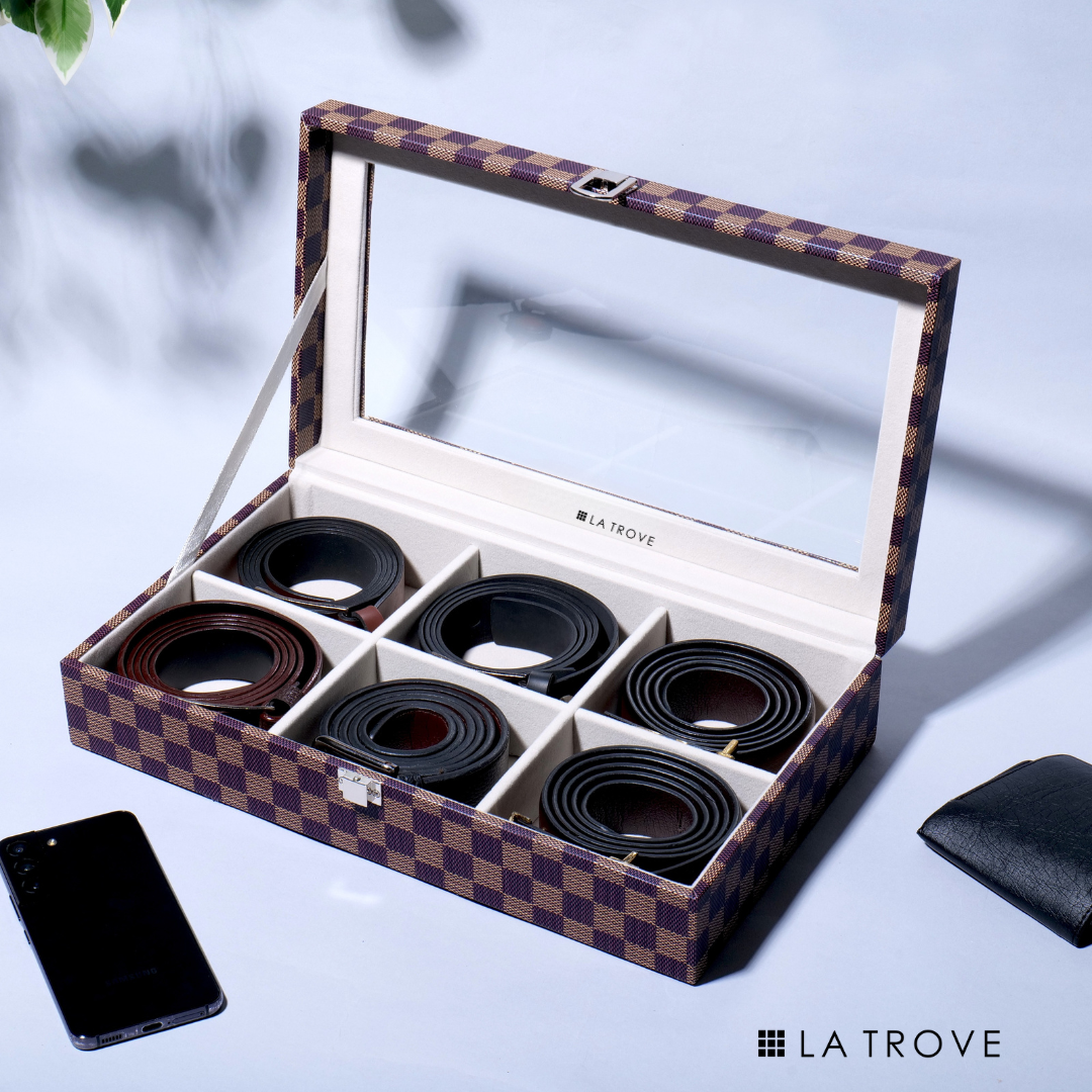 Designer 6 Slot Belt Box With Glass Lid