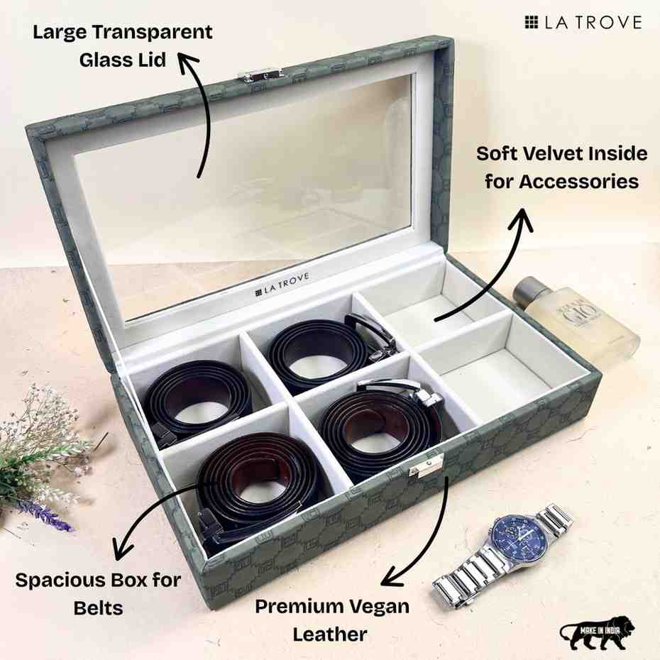 Designer 6 Slot Belt Box With Glass Lid