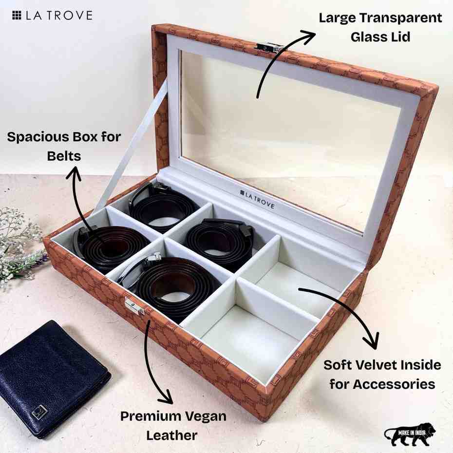 Designer 6 Slot Belt Box With Glass Lid