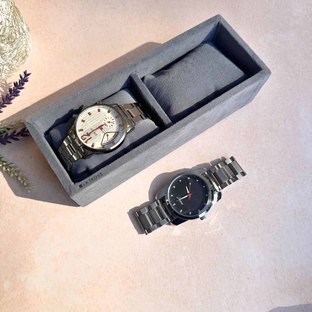 2-slot grey velvet watch tray with leatherette finish